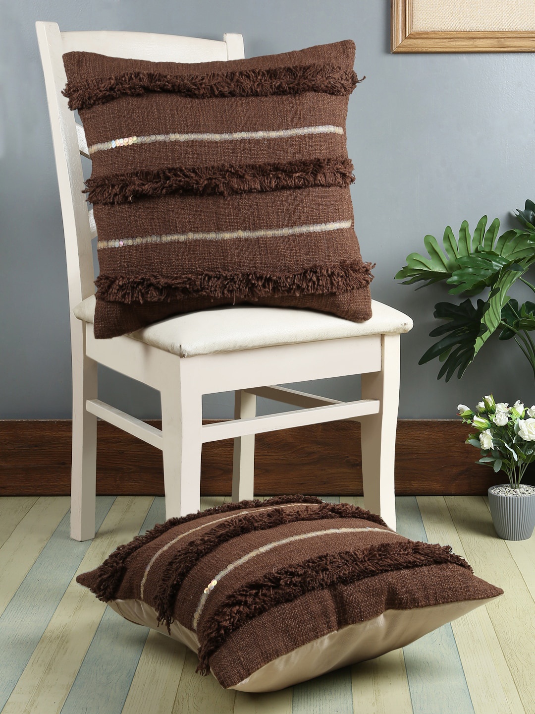 

eyda Coffee Brown Set of 2 Embroidered Square Cushion Covers