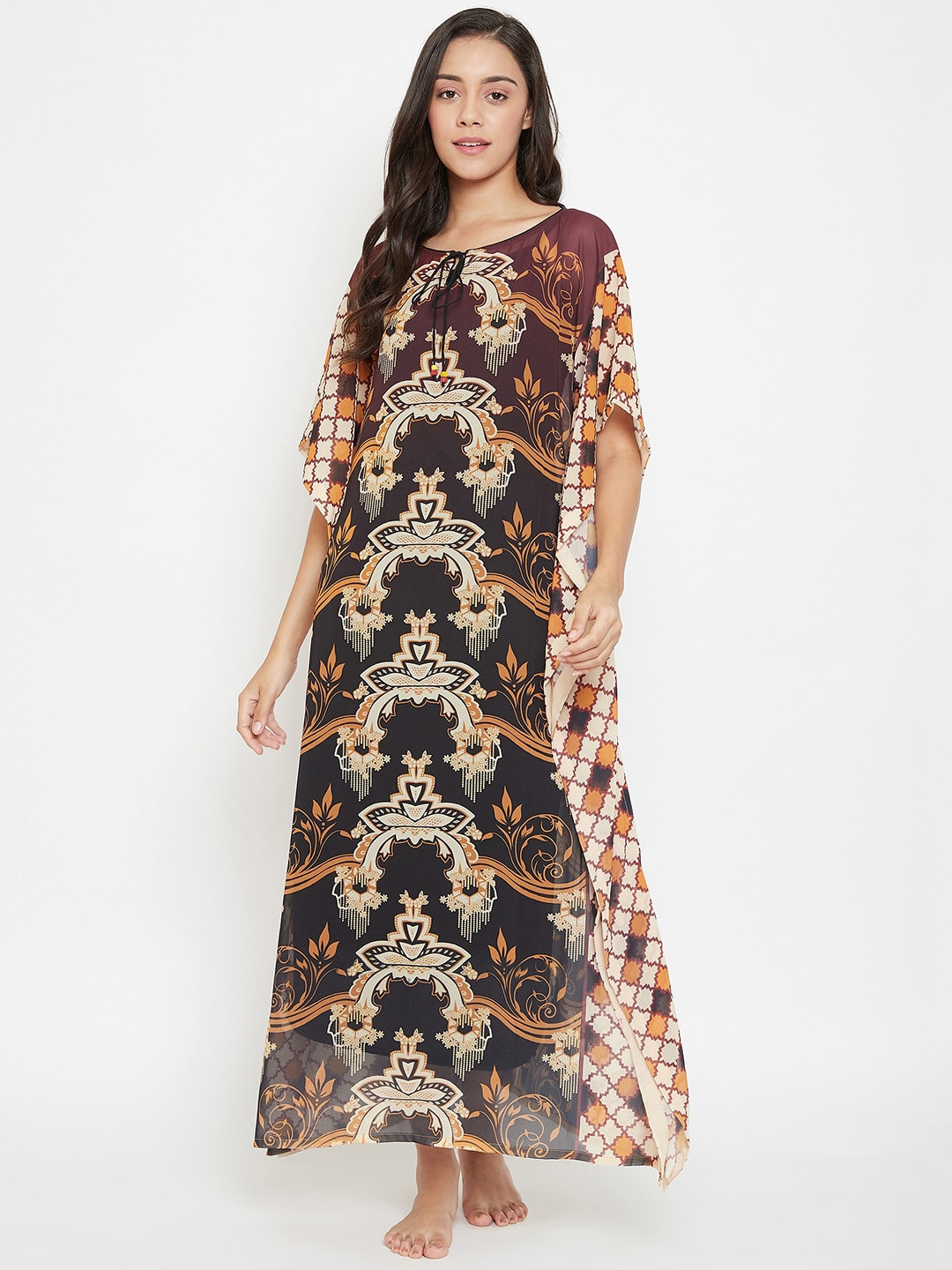 

The Kaftan Company Brown & Beige Printed Nightdress with Inner Slip