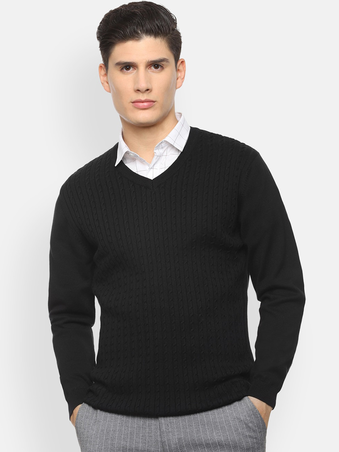 

Van Heusen Men Black Self Design Pullover Sweater