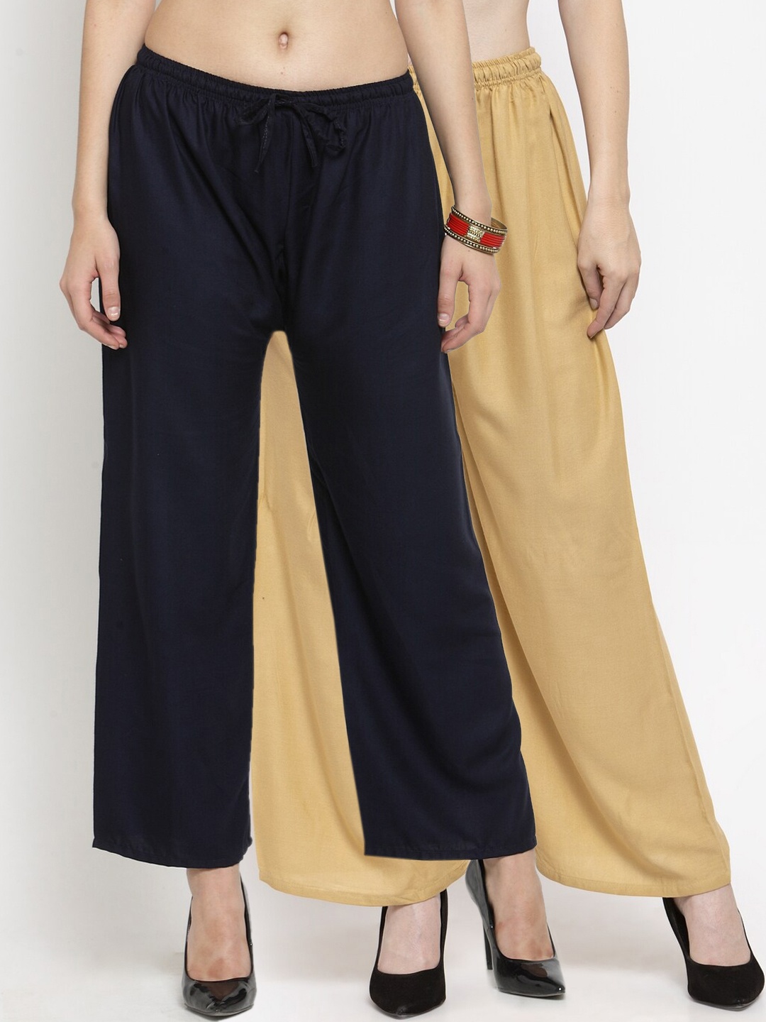 

Clora Creation Women Pack Of 2 Beige & Navy Blue Solid Straight Palazzos