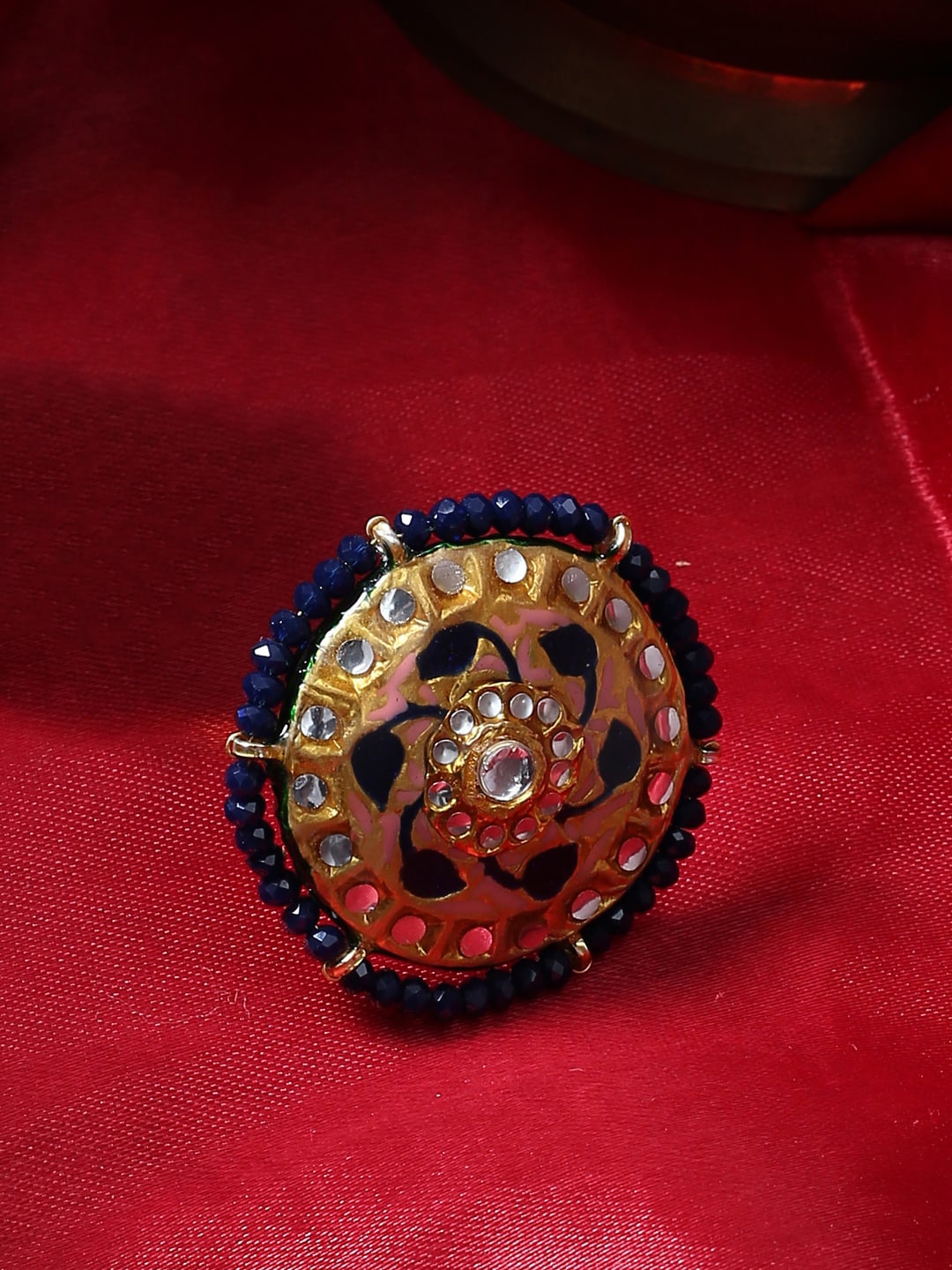 

Shoshaa Women Gold-Plated Blue & Peach-Colour Stone-Studded Beaded Enamelled Handcrafted Finger Ring