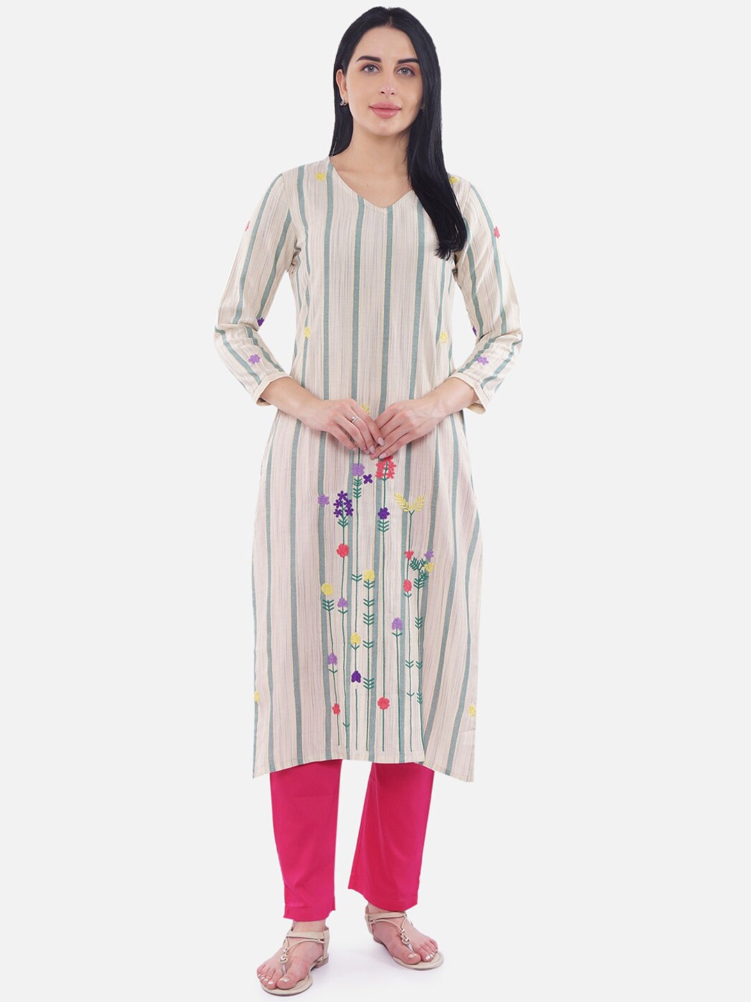 

Be Indi Women Beige & Green Striped Straight Kurta
