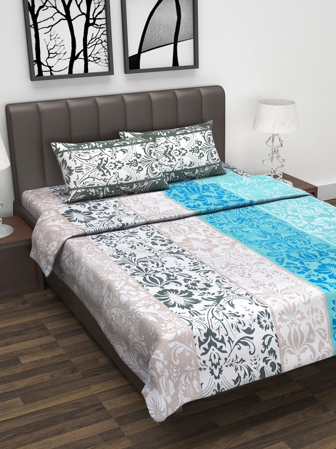 

Divine Casa Blue & Green Floral Printed Double Queen Bedsheet With 2 Pillow Covers & Dohar