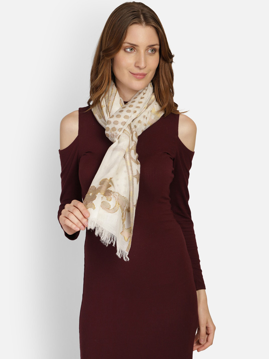 

Anekaant Women White & Beige Woven Design Stole