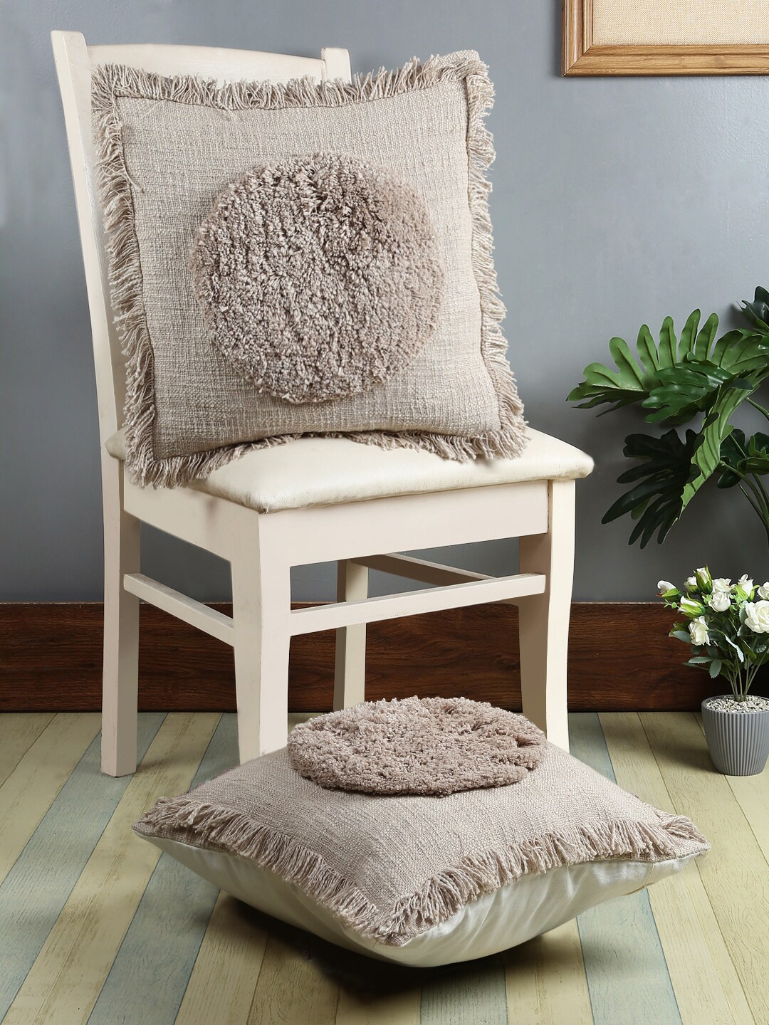 

eyda Camel Set of 2 Brown Embellished Square Cushion Covers