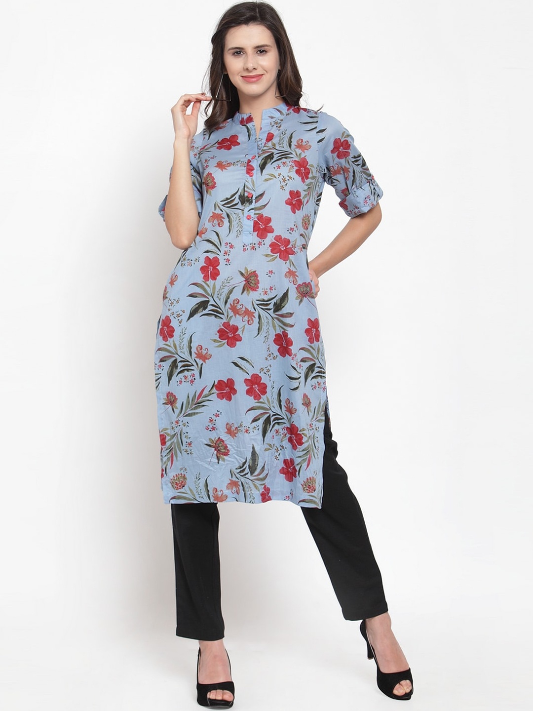 

Ayaany Women Blue & Red Floral Printed Straight Kurta