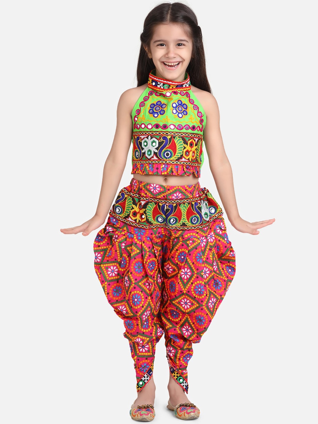 

BownBee Girls Pink & Green Embroidered Top with Dhoti Pants