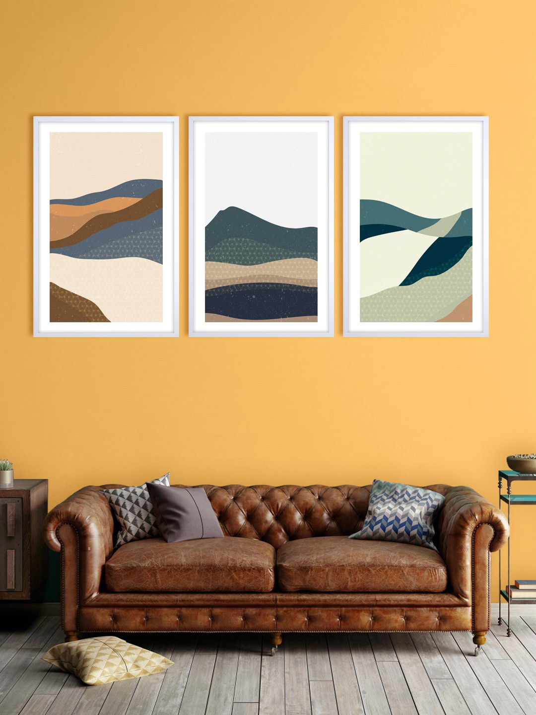 

999Store Set Of 3 Cream-Colour & Green Abstract Printed Wall Art