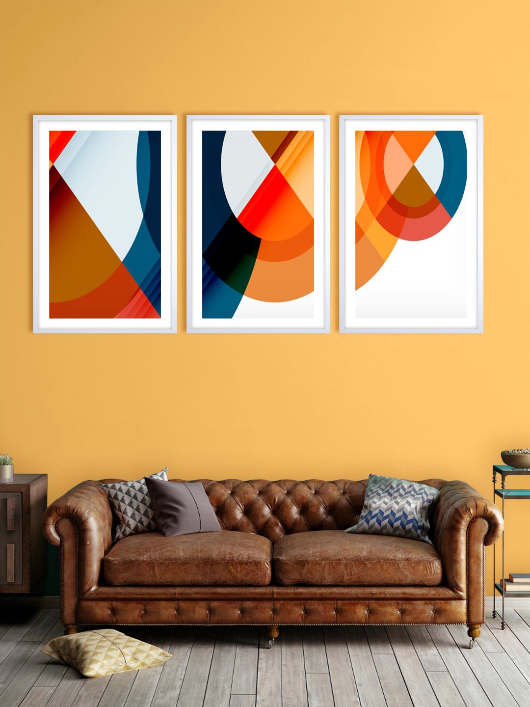 999Store Set Of 3 Blue & Orange Abstract Printed Wall Art