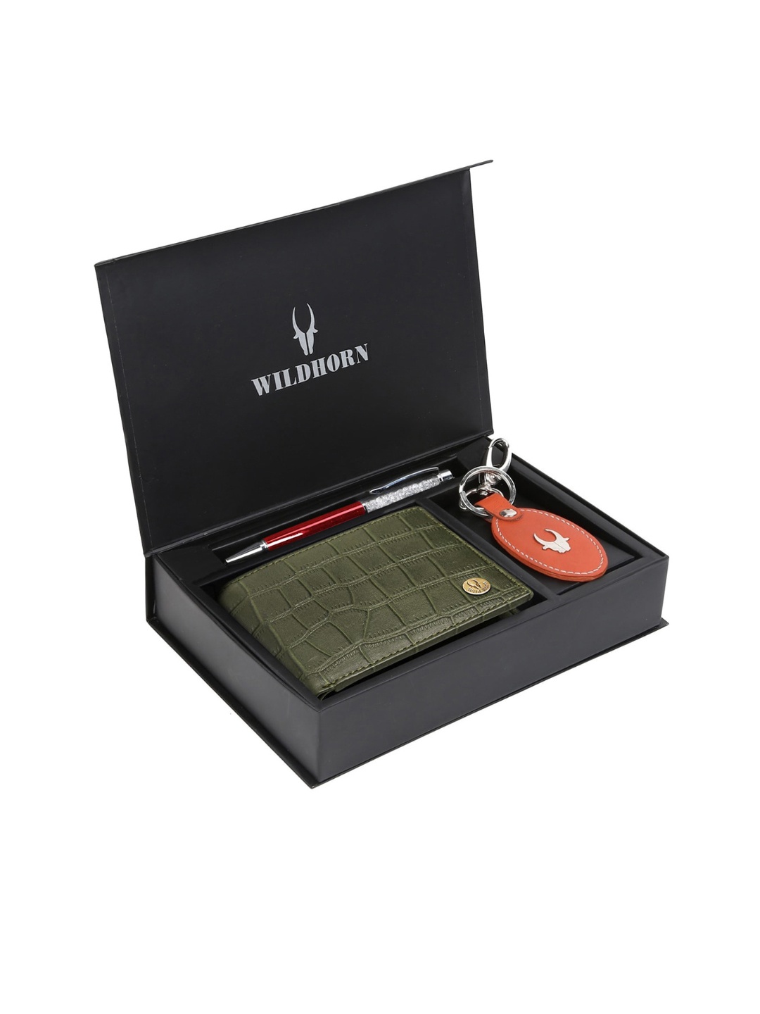 WildHorn Men Green & Orange RFID Protected Genuine Leather Accessory Gift Set