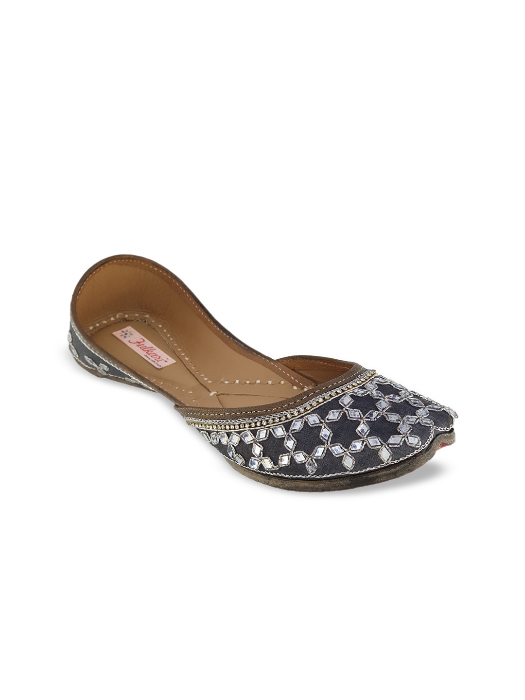 

Fulkari Women Grey Embellished Leather Mojaris