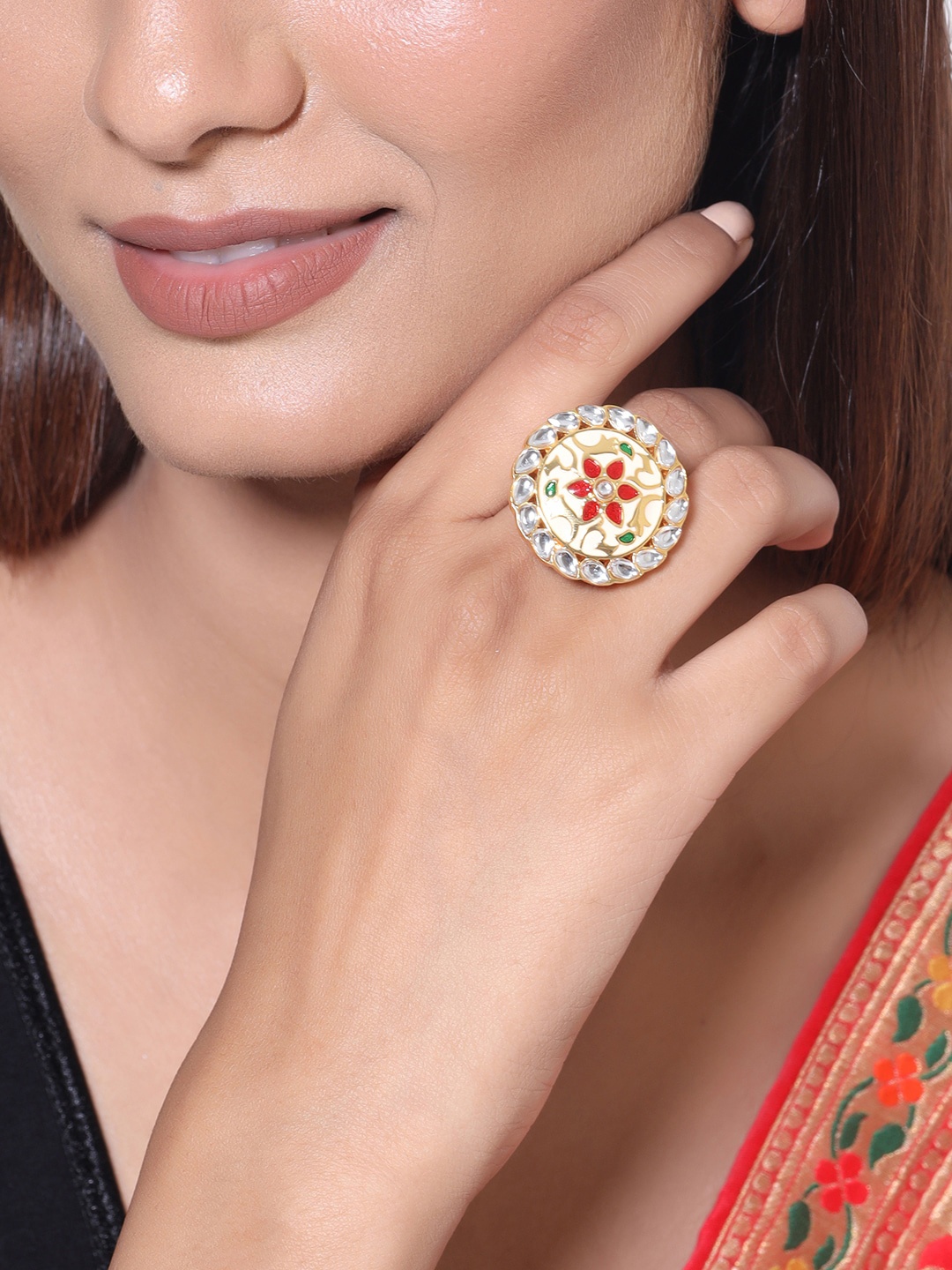 

Voylla Gold-Plated Red & White Kundan-Studded Sangemarmar Floral Motifs Finger Ring