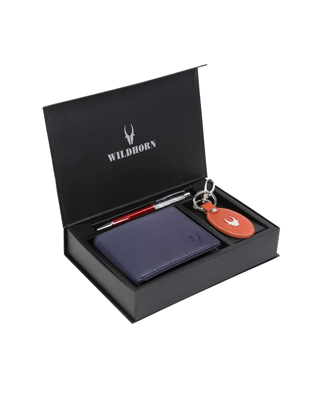 WildHorn Men Blue & Orange RFID Protected Genuine Leather Accessory Gift Set