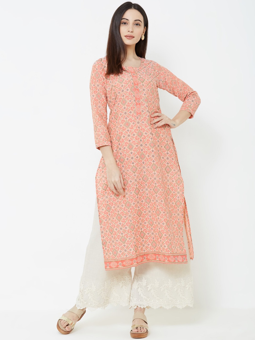 

FASHOR Women Peach-Coloured Printed Straight Kurta
