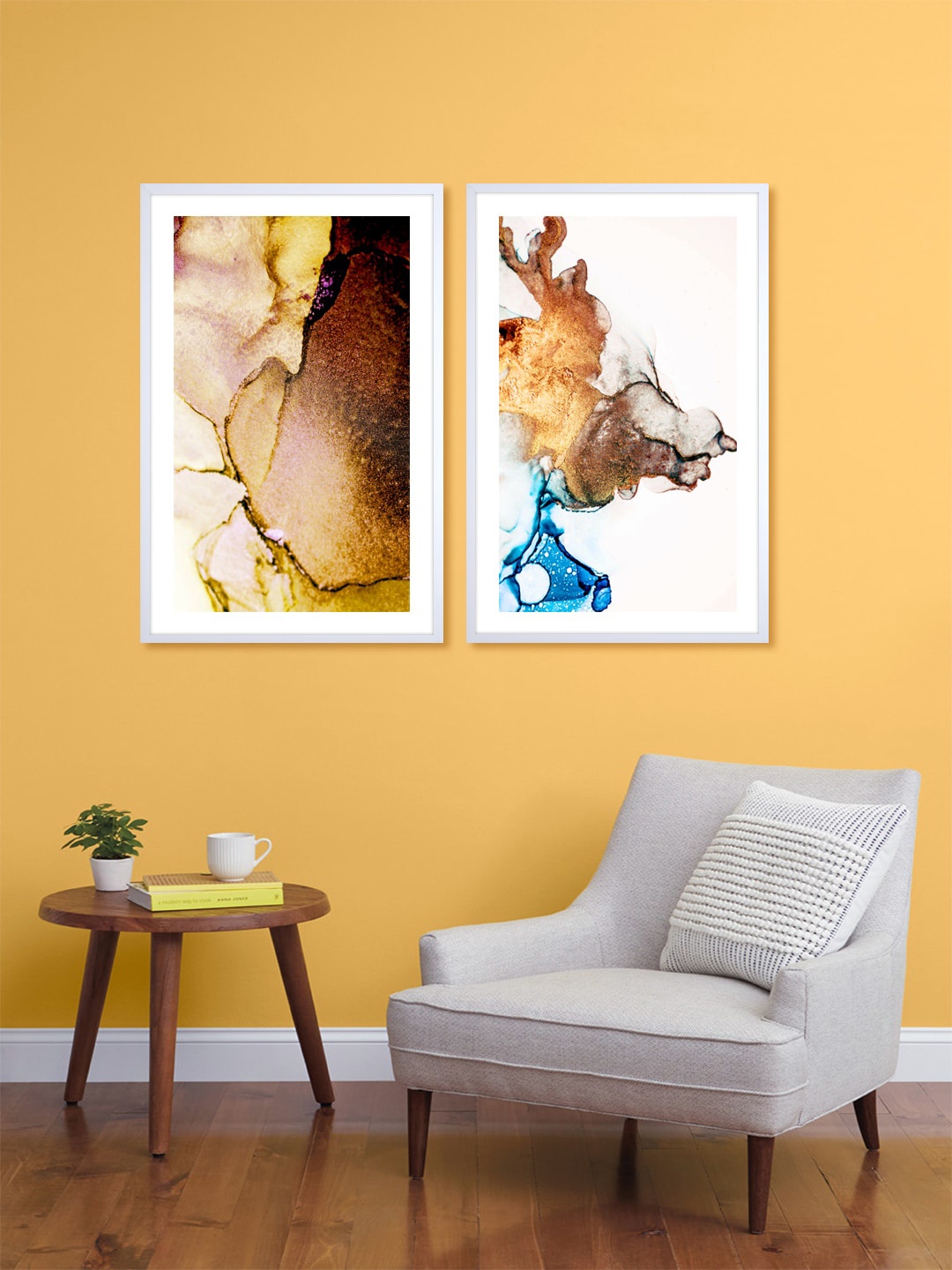 

999Store Set Of 2 Brown & White Printed Abstract Wall Art
