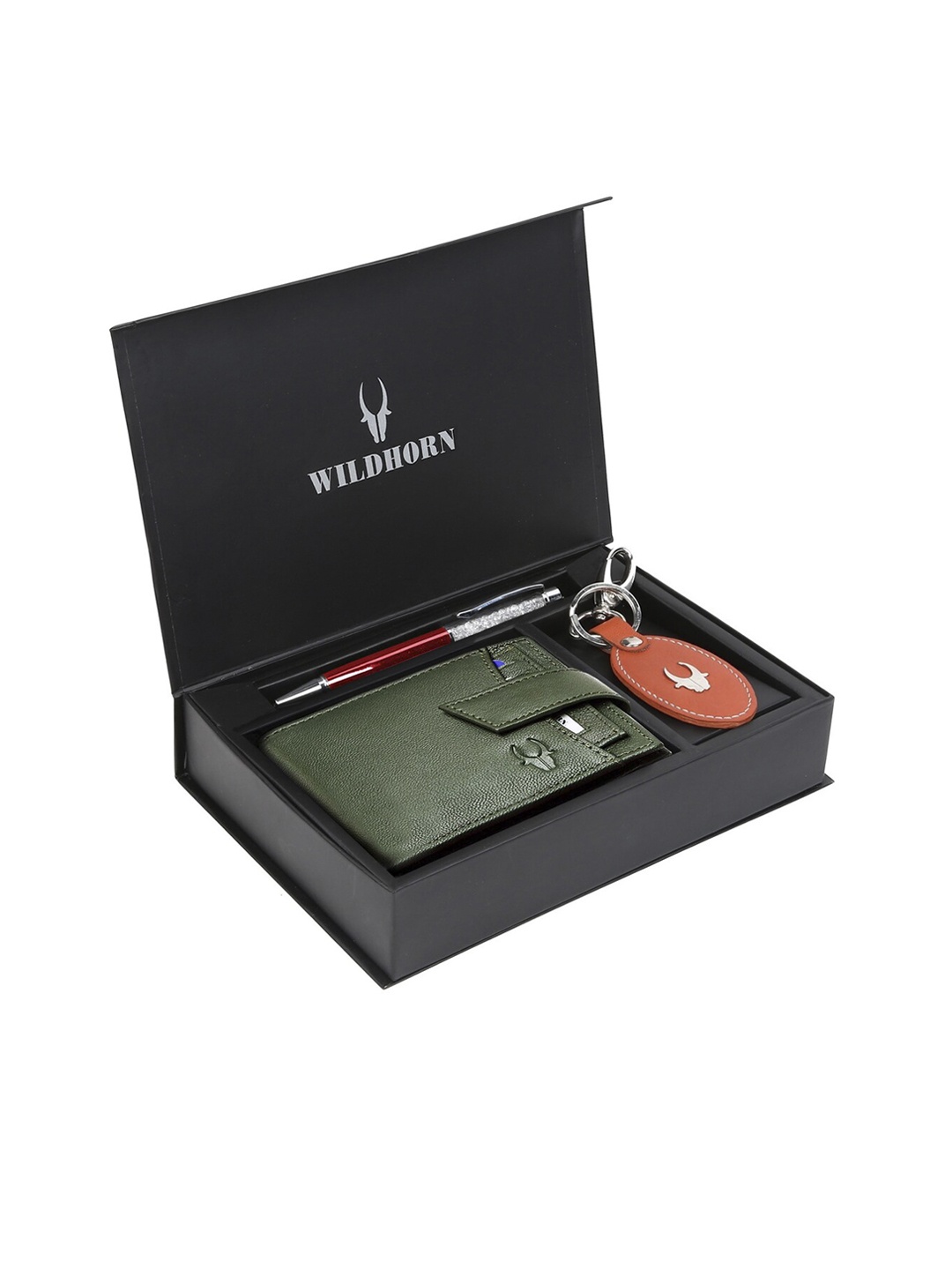 WildHorn Men Green & Orange RFID Protected Genuine Leather Accessory Gift Set
