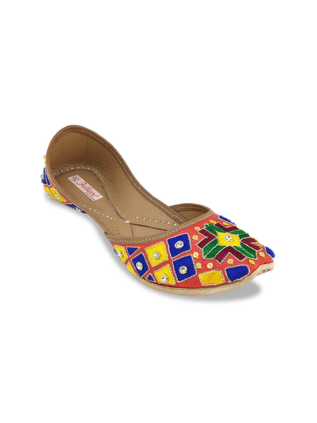

Fulkari Women Red Embellished Leather Mojaris