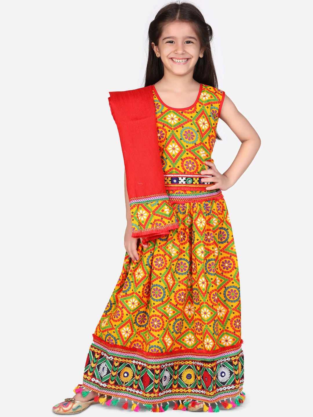 

BownBee Girls Yellow & Red Embroidered Ready to Wear Lehenga & Blouse with Dupatta