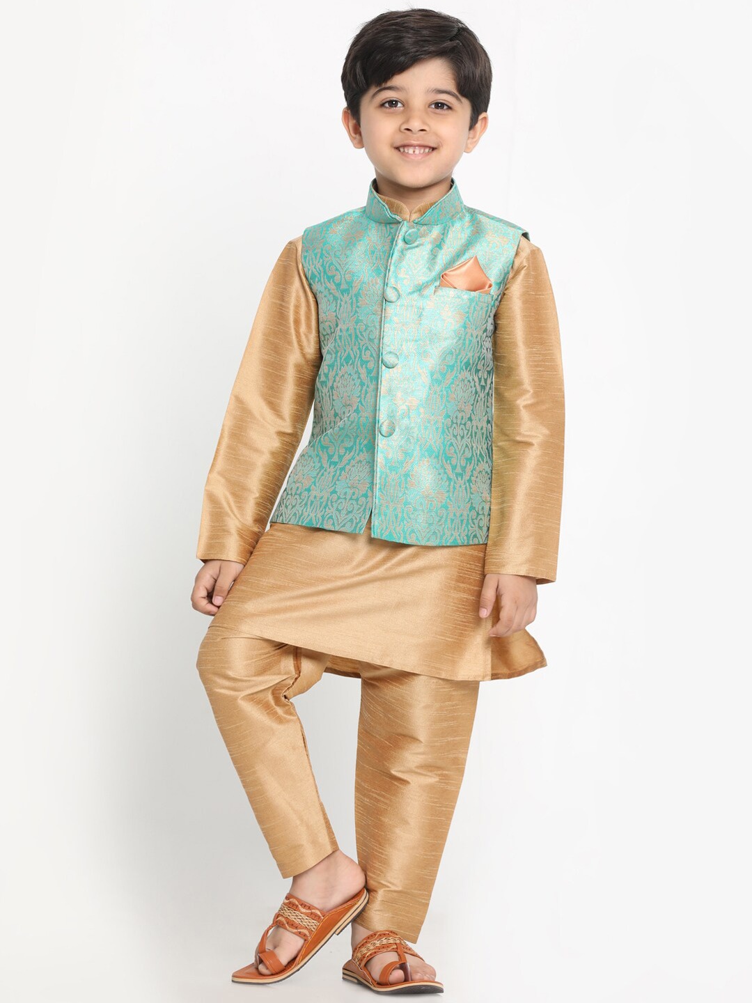 

JBN Creation Boys Gold-Toned & Green Solid Kurta with Trousers & Nehru Jacket