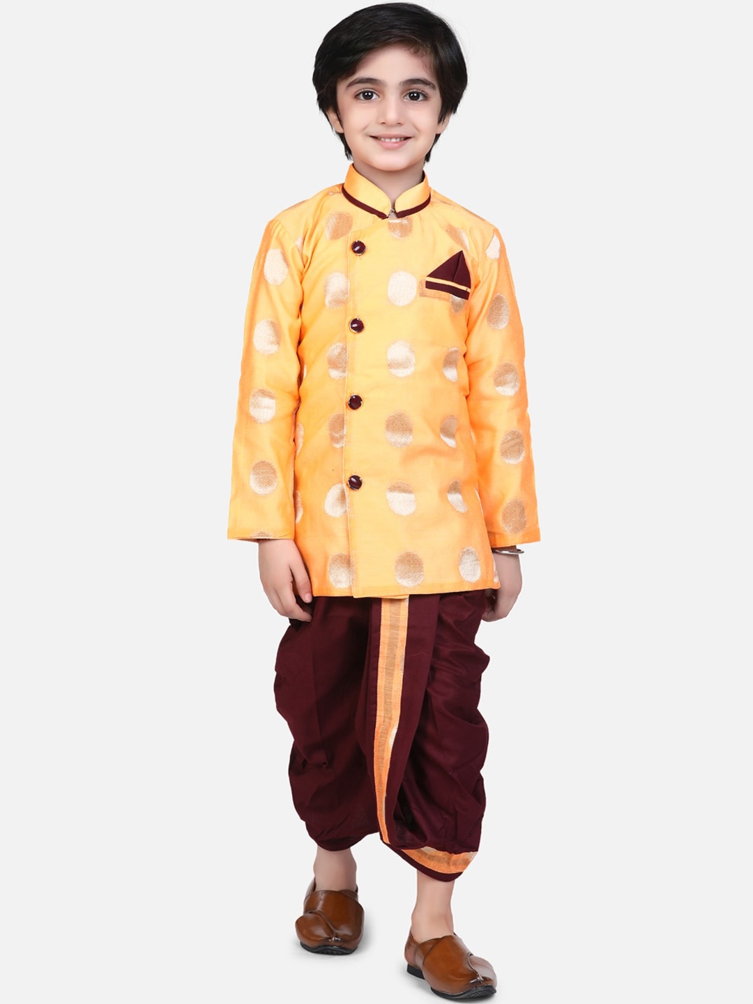 

BownBee Boys Orange & Burgundy Woven-Design Brocade Sherwani Set