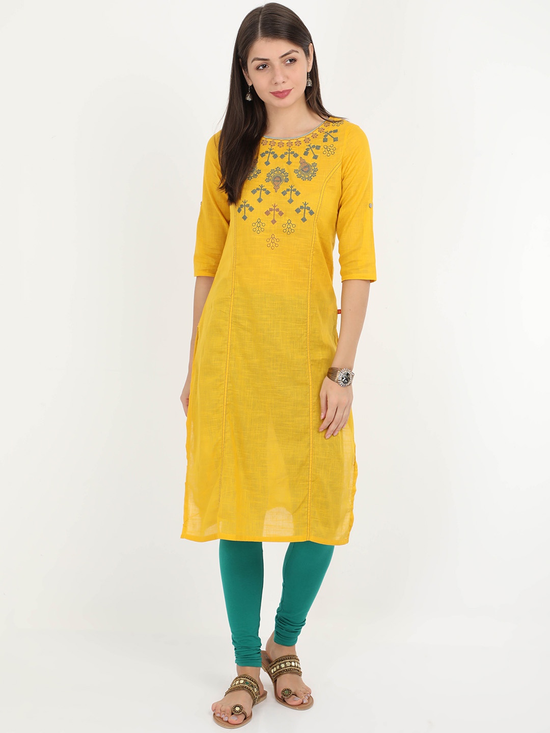 

Alena Women Yellow Yoke Design Straight Kurta
