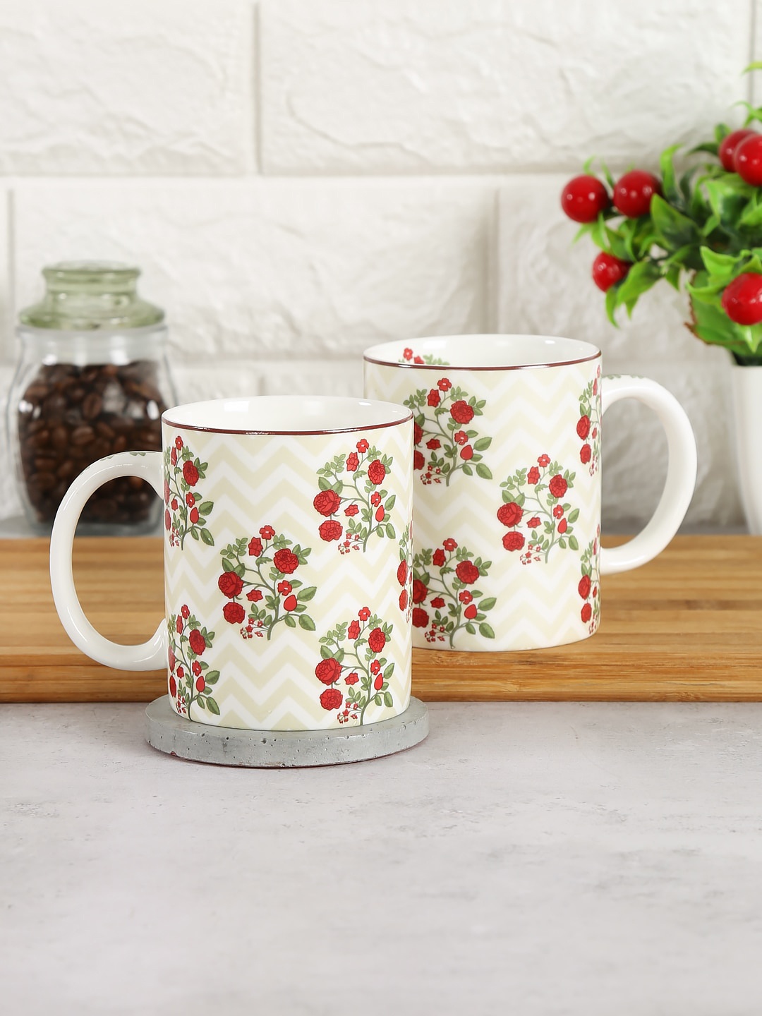 

India Circus by Krsnaa Mehta Set of 2 Chevron Roses Coffee Mugs, Cream