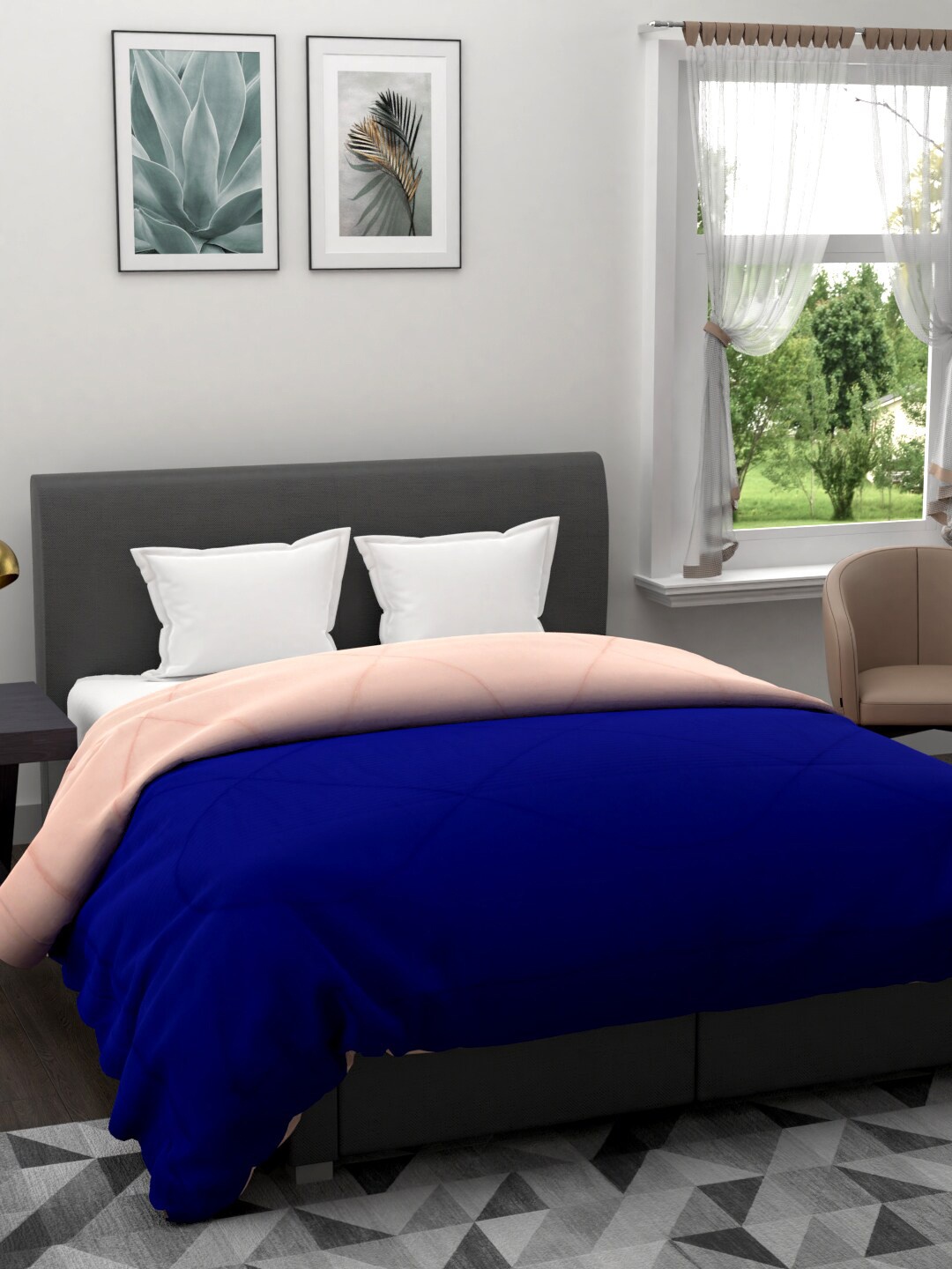 

Clasiko Blue & Peach-Coloured Solid AC Room 120 GSM Reversible Double Bed Quilt