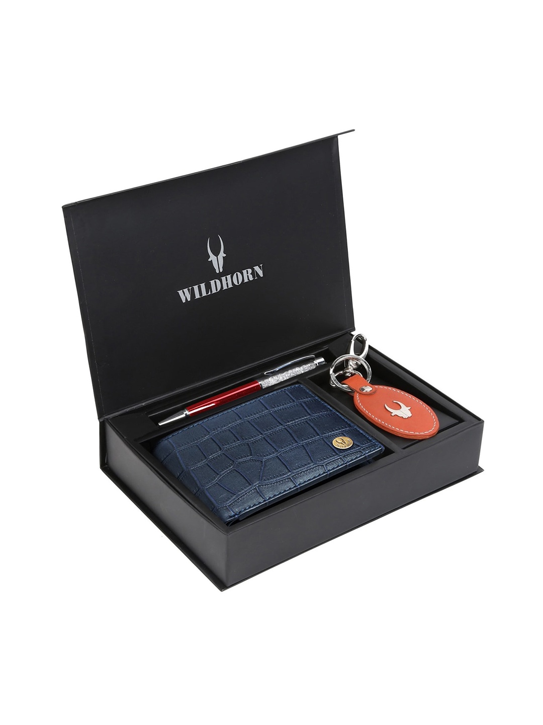 WildHorn Men Blue & Orange RFID Protected Genuine Leather Wallet & Pen Accessory Gift Set