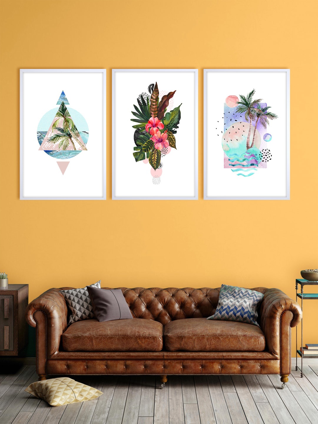 

999Store Set Of 3 White & Green Round Stains Stripes Palm Trees Flower Printed Wall Art