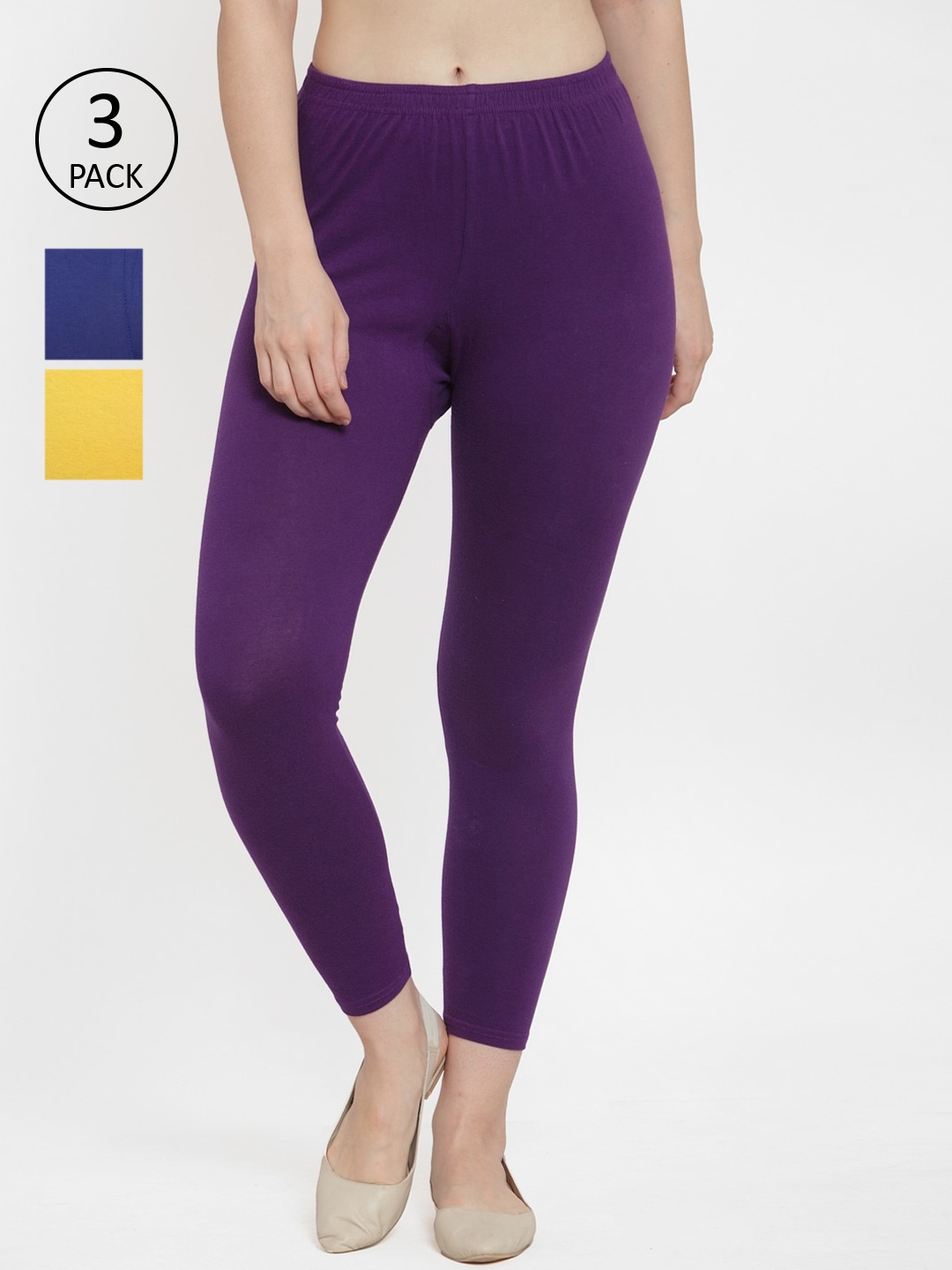 GRACIT Women Pack Of 3 Solid Ankle-Length Leggings, Blue