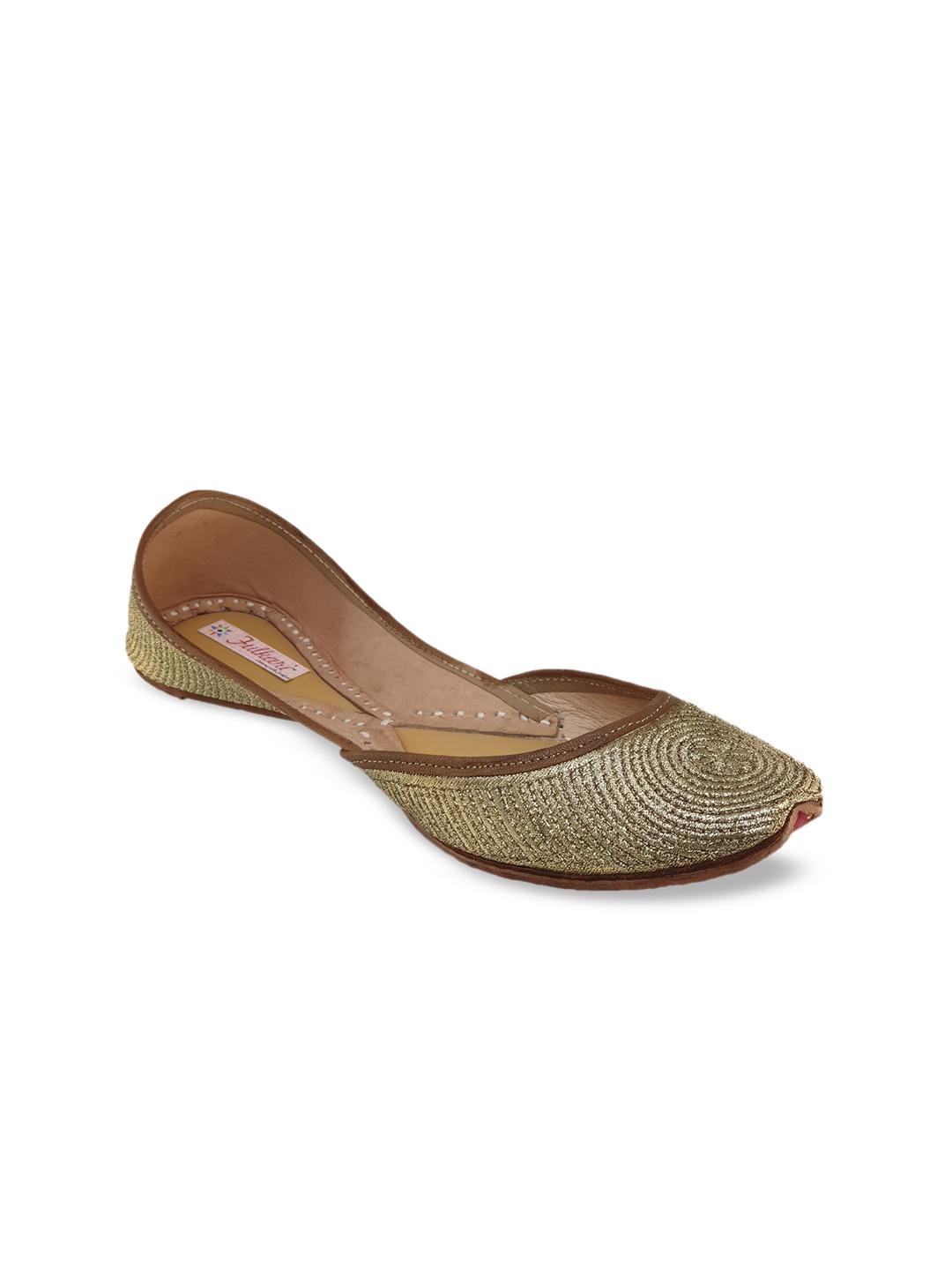 

Fulkari Women Brown & Muted Gold-Toned Embellished Leather Mojaris