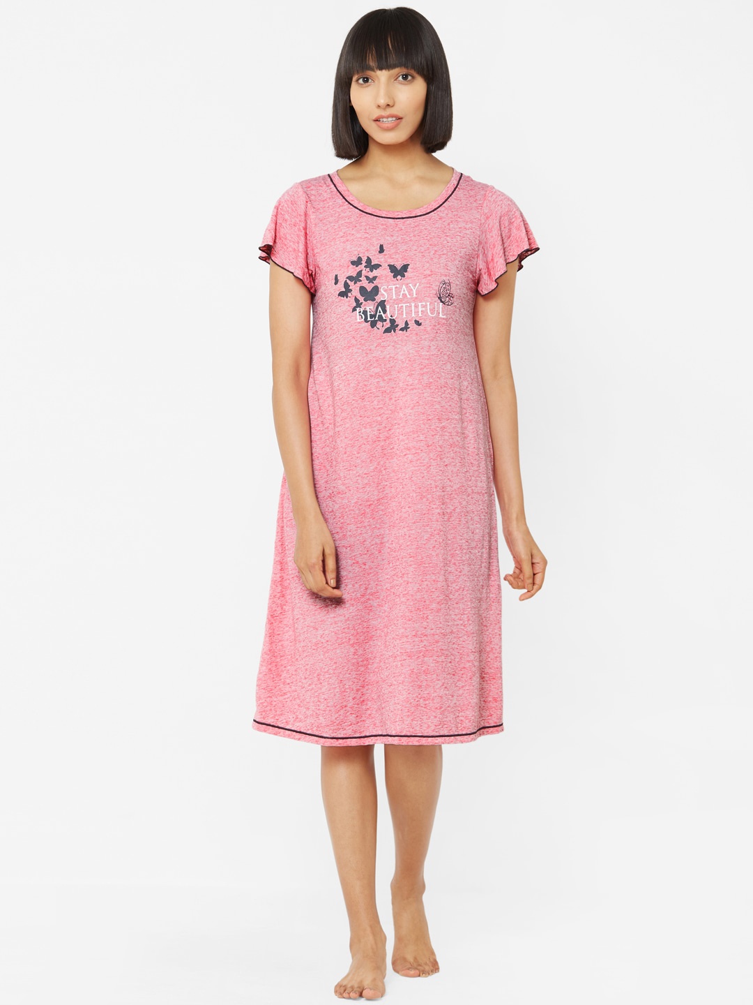 

Soie Pink Printed Knee Length Nightdress