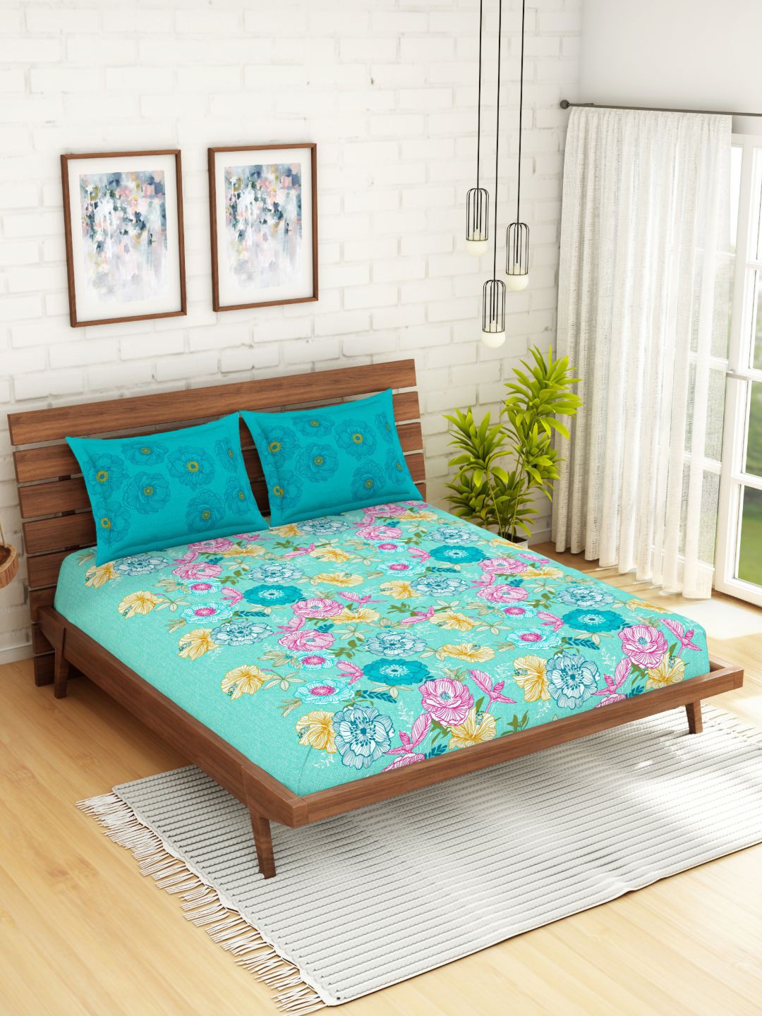 

SPACES Turquoise Blue Floral 210 TC Cotton 1 Queen Bedsheet with 2 Pillow Covers