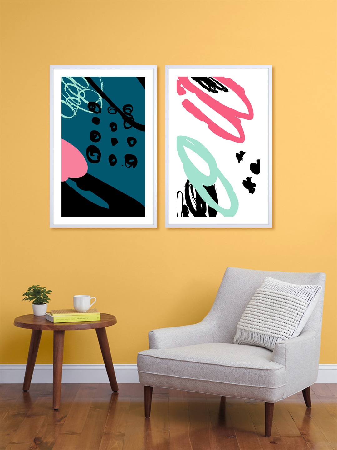 

999Store Set Of 2 Blue & White Seamless Colourful Patterns Printed Wall Art