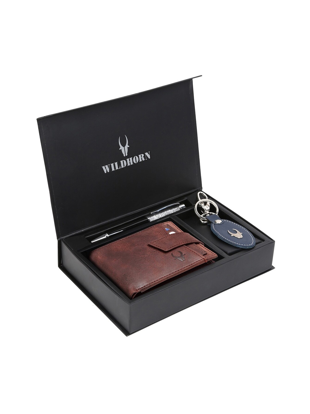 

WildHorn Men Blue & Orange RFID Protected Genuine Leather Accessory Gift Set, Brown