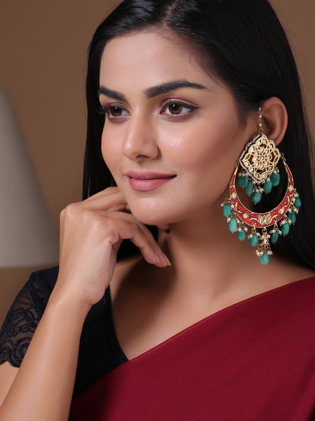 

Shoshaa Gold-Plated & Green Classic Kundan Studded Chandbalis