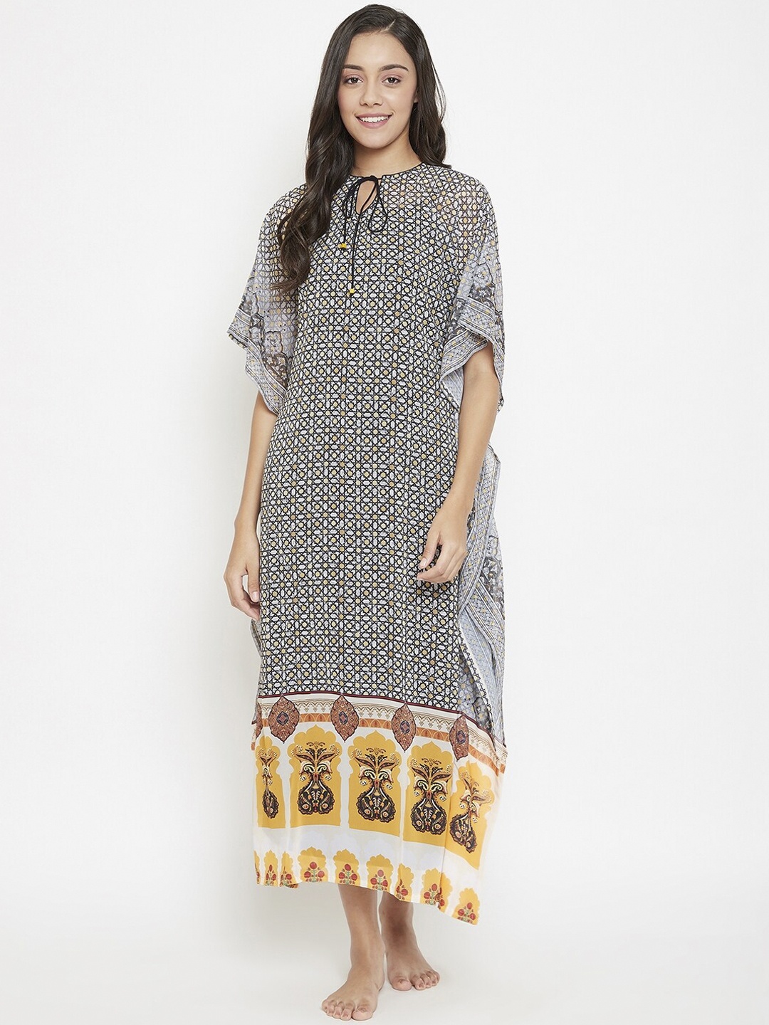 

The Kaftan Company Beige & Black Printed Nightdress with Inner Slip