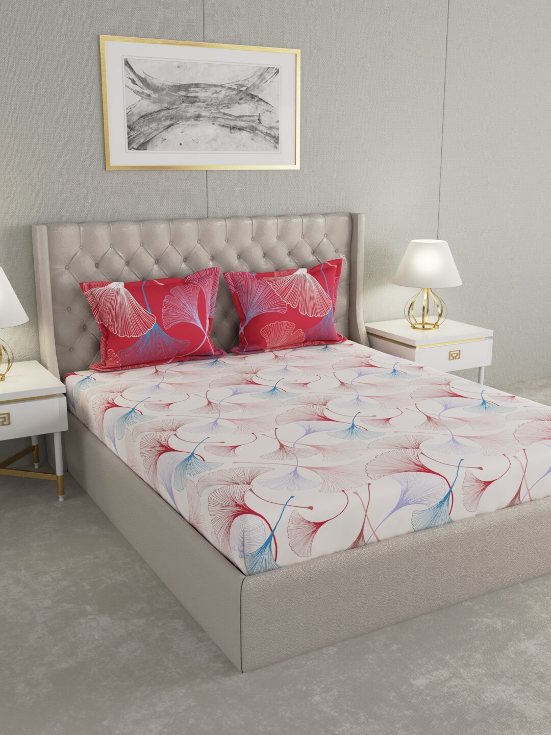 

Raymond Home White & Red Floral 144 TC Cotton 1 King Bedsheet with 2 Pillow Covers