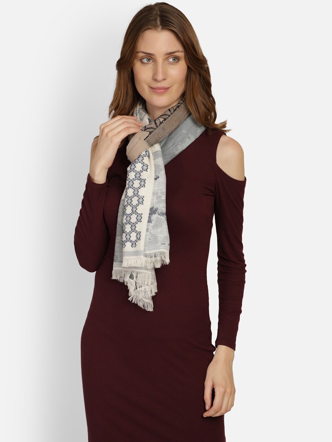 

Anekaant Women Cream-Coloured & Brown Woven Design Stole