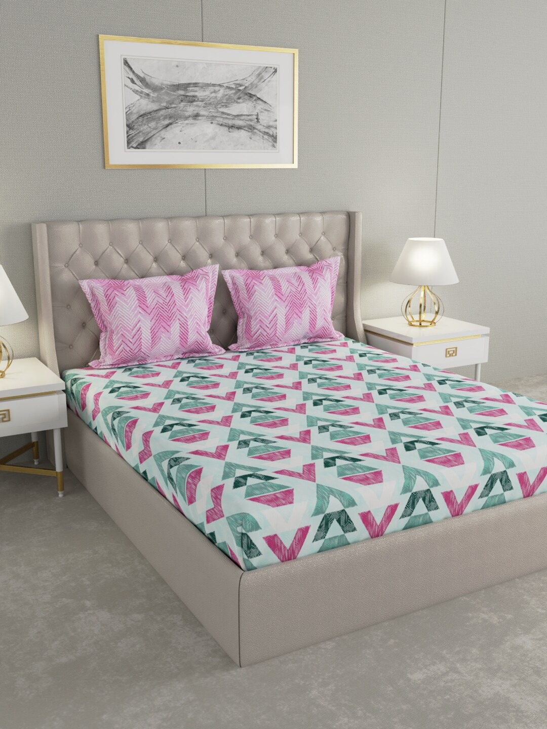 

Raymond Home Green & Pink Geometric 144 TC Cotton 1 King Bedsheet with 2 Pillow Covers