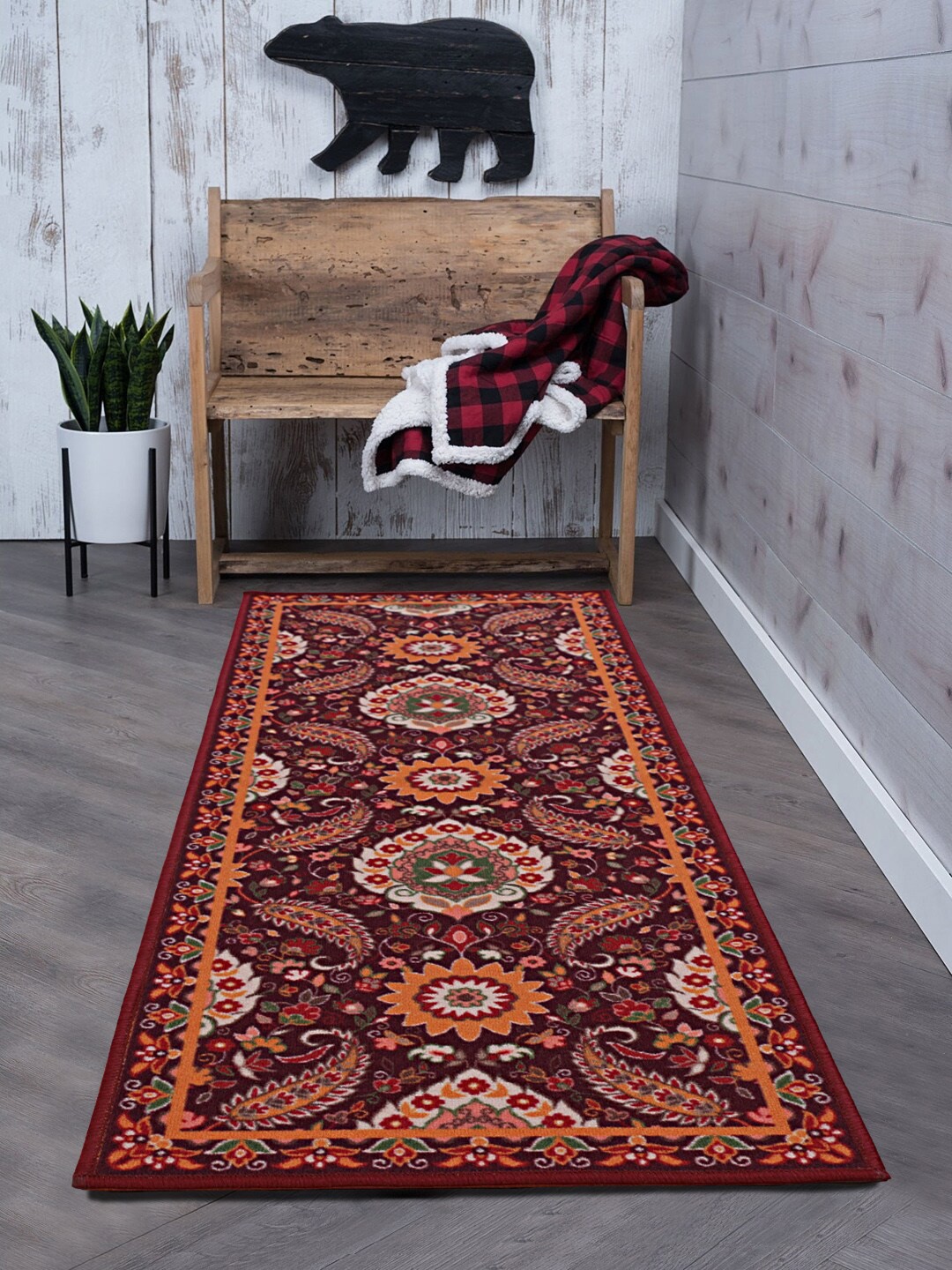

RUGSMITH Burgundy & Red Floral Printed Premium Qualty Anti-Skid Floor Runner