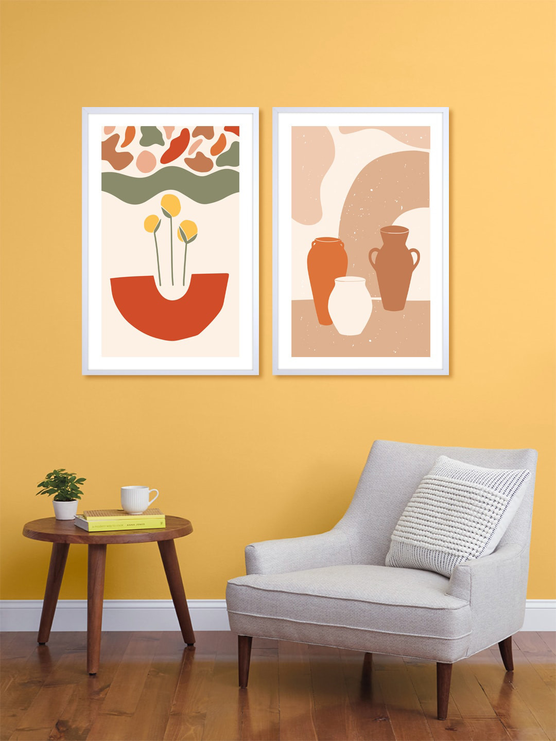 

999Store Set Of 2 Pink & Brown Water Pots Printed Wall Art
