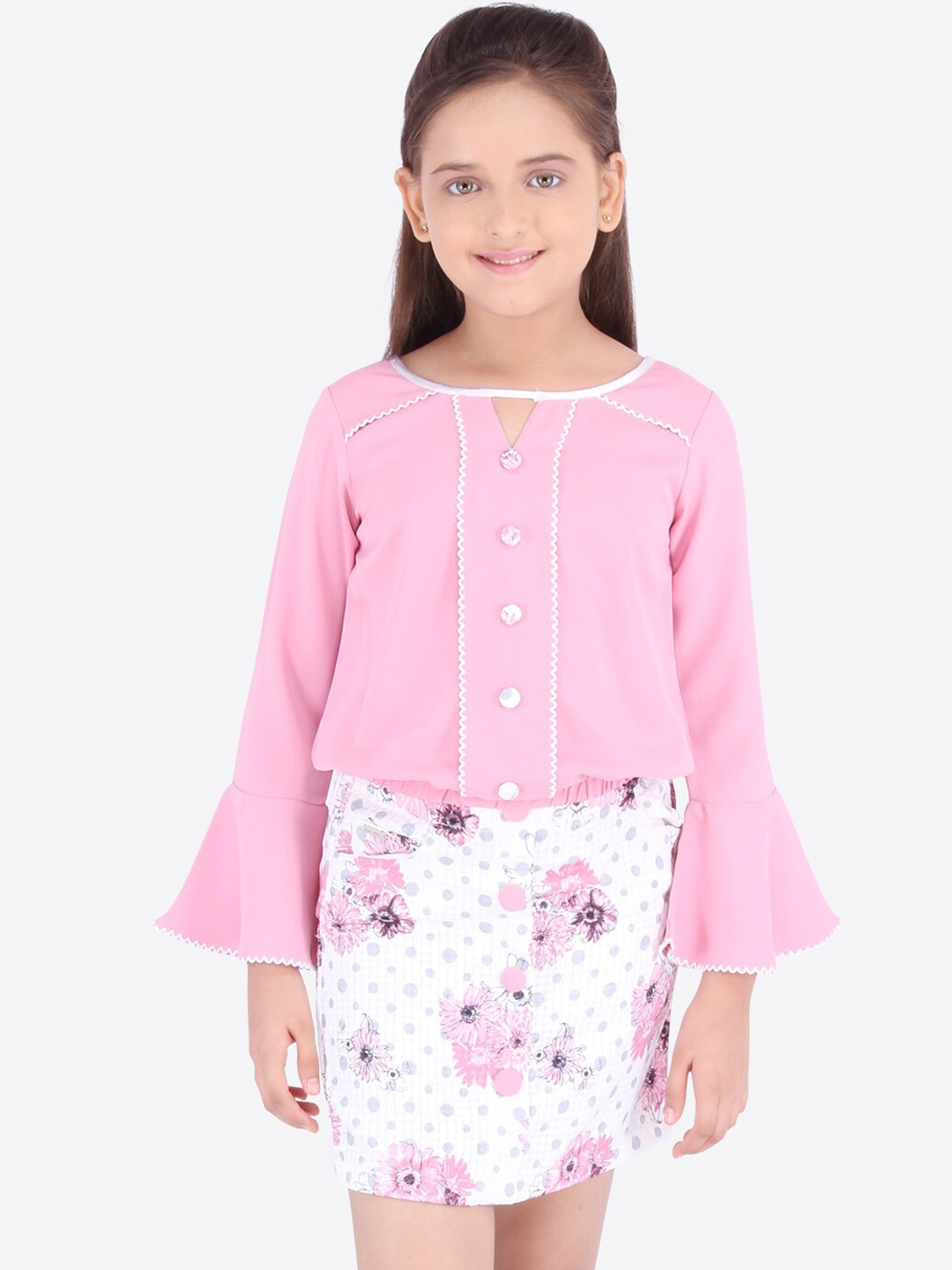 

CUTECUMBER Girls Pink & White Solid Top with Floral Print Skirt