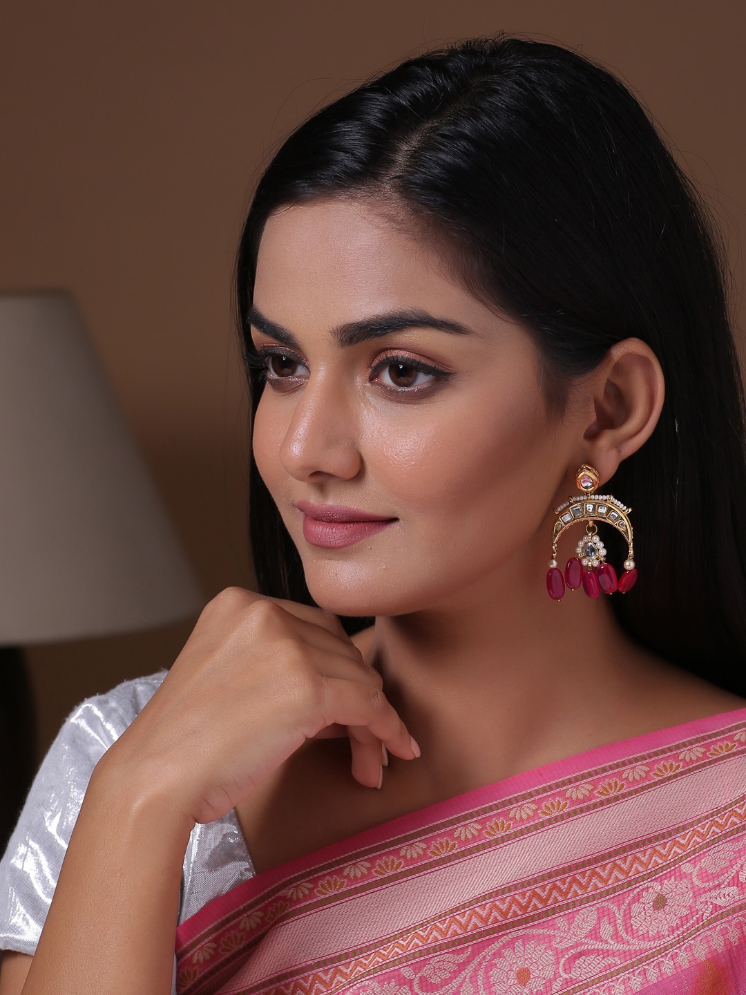 

Shoshaa Maroon Gold-Plated Handcrafted Kundan Crescent Shaped Studs
