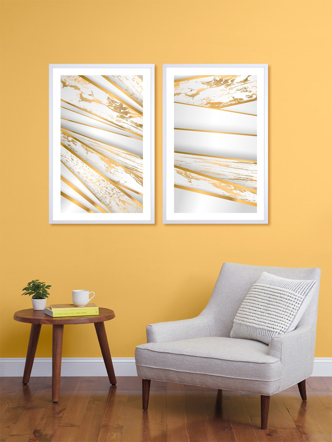 

999Store Set Of 2 White & Gold-Toned Strips Printed Wall Arts