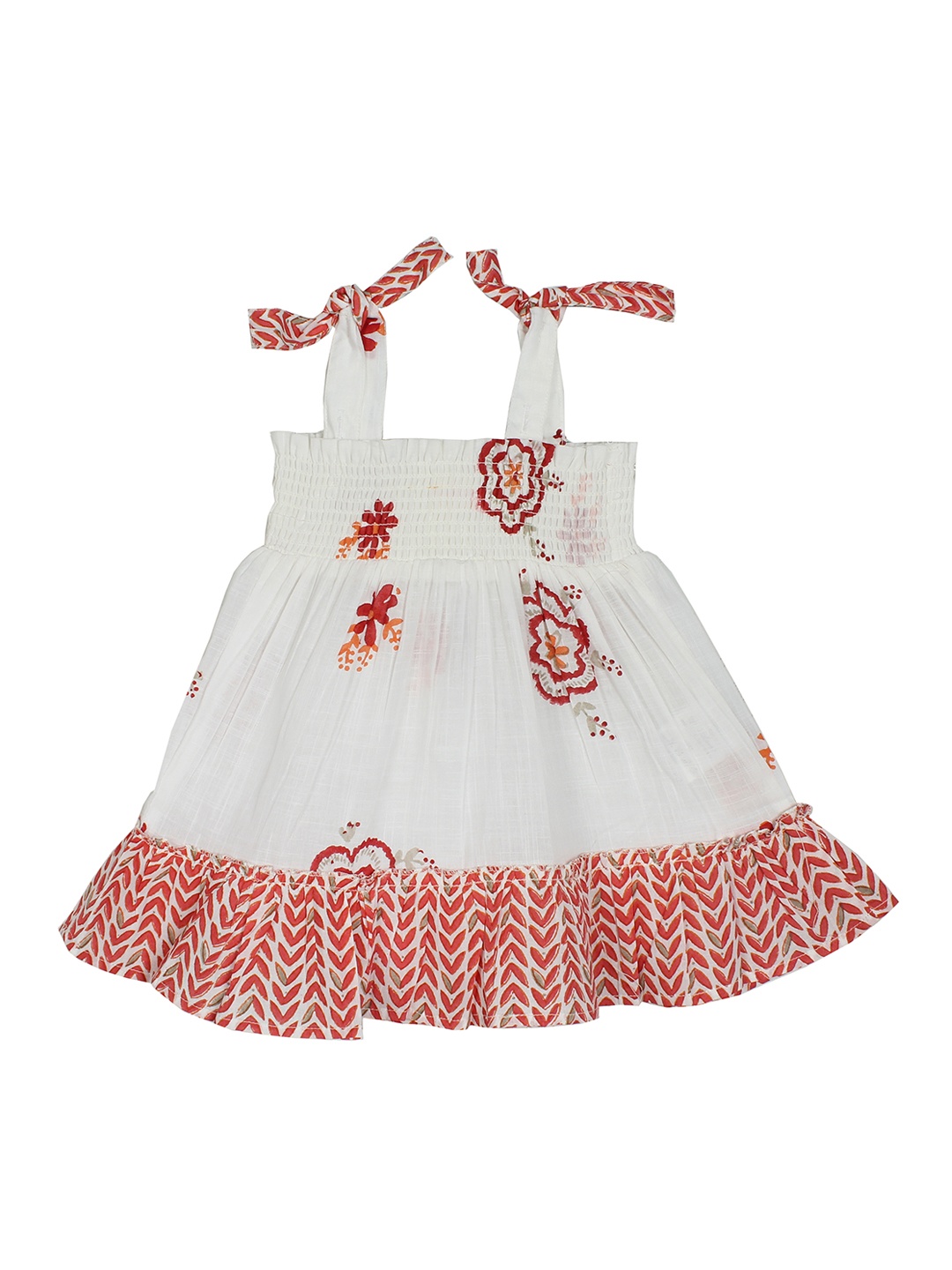 My Little Lambs Girls Off-White & Red Floral Printed Smocked Fit and Flare Dress