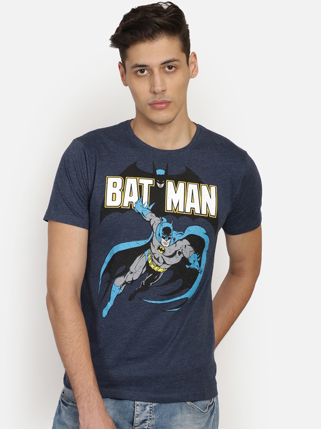 

Free Authority Men Navy Blue Batman Printed Round Neck Pure Cotton T-shirt