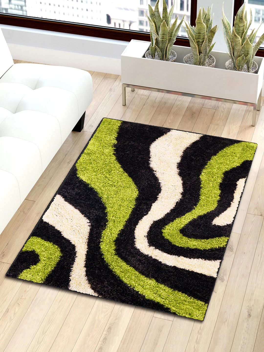

Story@home Black & Green Striped Shaggy Anti-Skid Fur Carpet