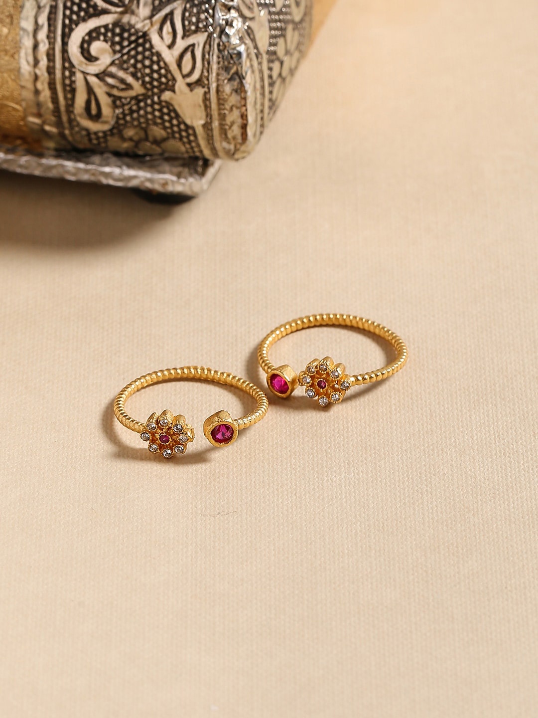 

Shoshaa Set Of 2 Gold-Plated Pink & White Stone-Studded Handcrafted Toe Rings