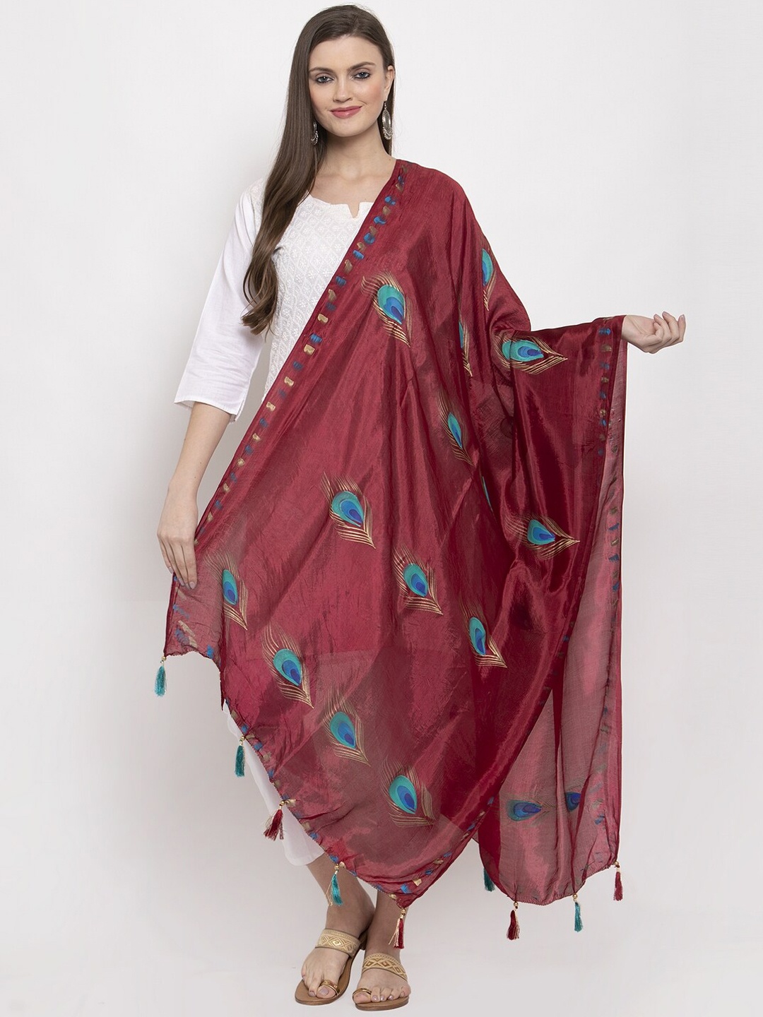 Clora Creation Maroon Printed Silk Dupatta